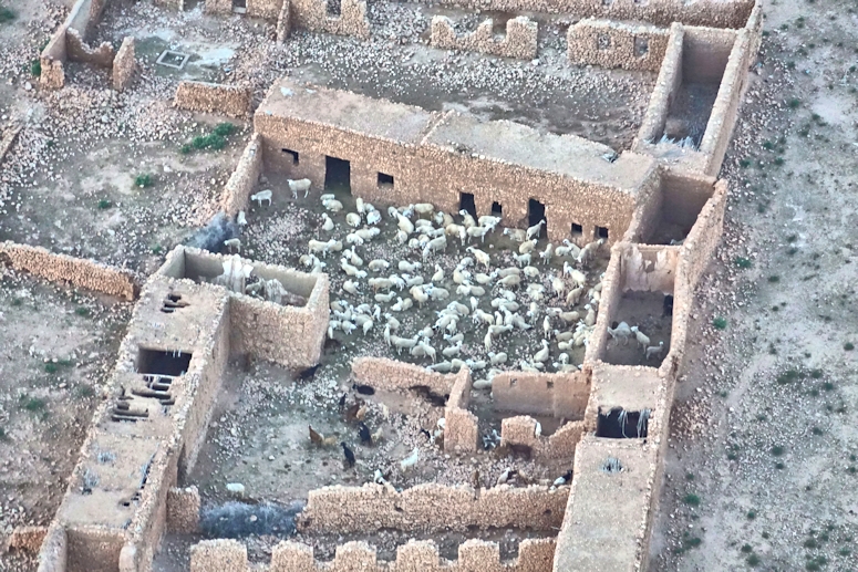 Close up of sheep pen in village seen from a Hot Air Balloon outside Marrakesh