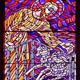 Detail of stained glass window, St Vitus Cathedral, Prague Castle, Czech Republic